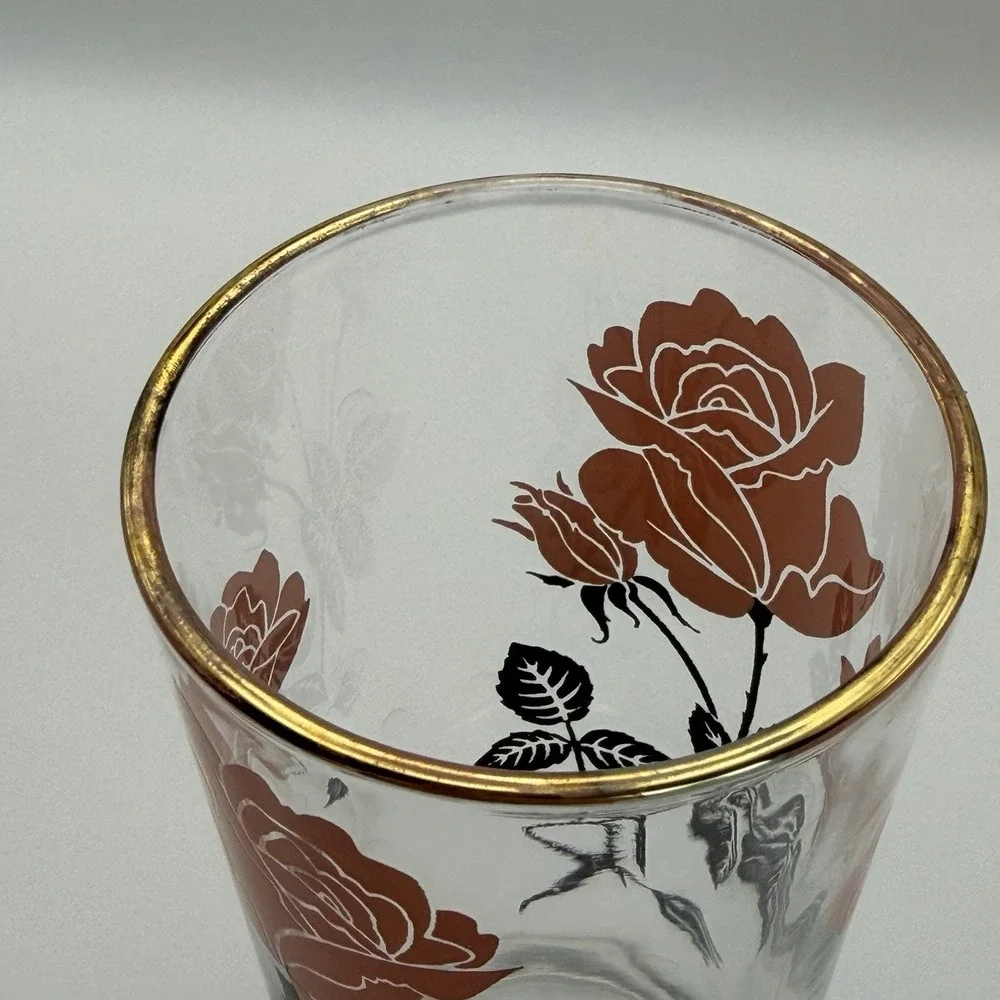 Vintage‎ Pink Rose Glasses Set of 6 Highball Gold Rim Floral Tumblers 1960s MCM